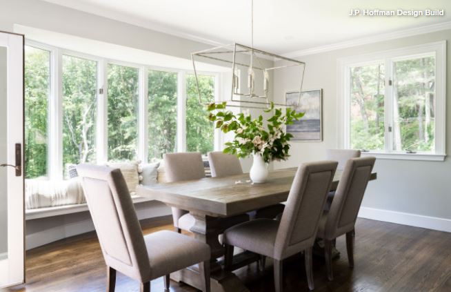 dining room with large bay windows