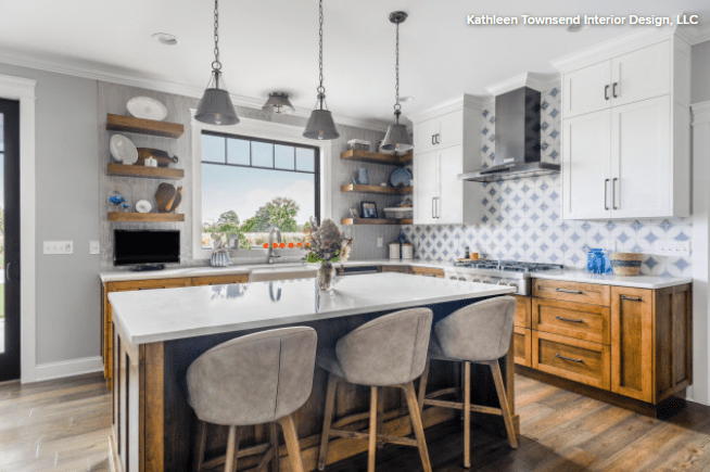 rustic kitchen with modern stools and white cabinets